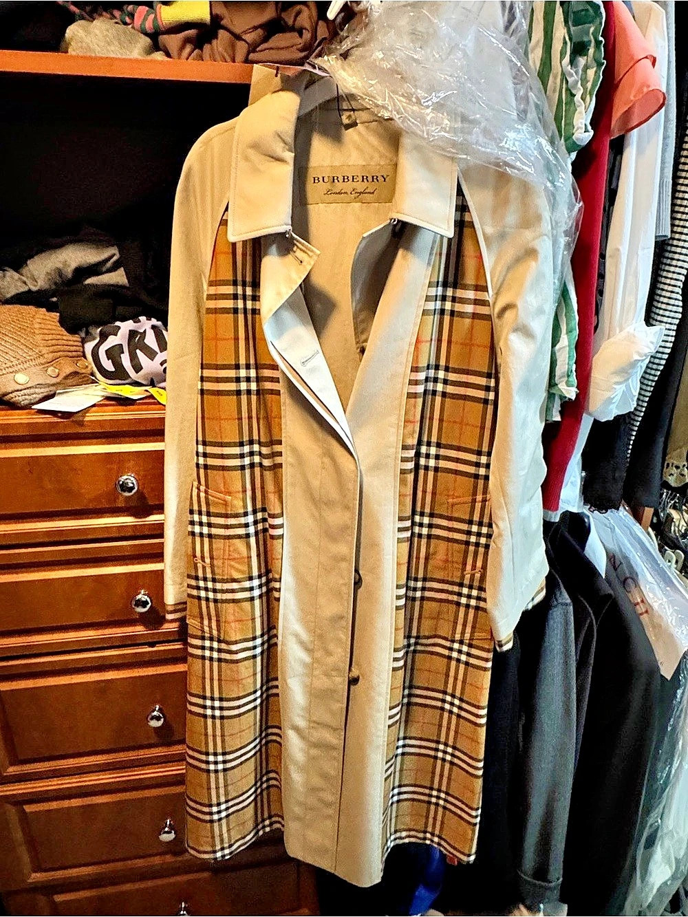 Burberry Check Panel Cotton Gabardine Trench Coat Size 6 NWT